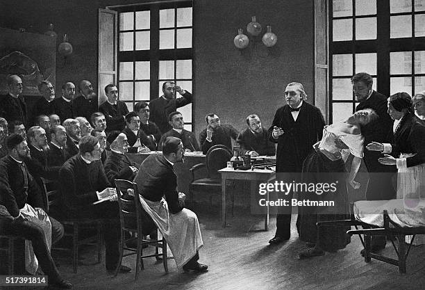 Depiction of Dr. Jean-Martin Charcot giving a clinical lecture on the symptoms of hysteria at the Salpetriere.