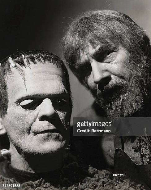 Portrait of Boris Karloff and Bela Lugosi in costume for the Universal Pictures' 1939 production of "Son of Frankenstein."