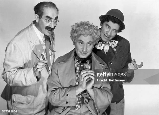 Publicity portrait of the Marx Brothers, Groucho, Harpo, and Chico , as they appeared in the 1946 movie "A Night in Casablanca," directed by Archie...