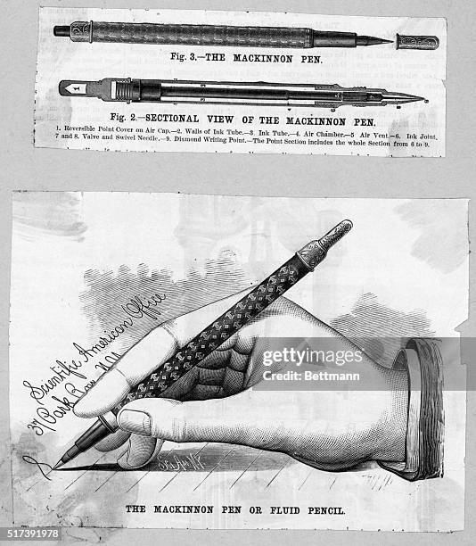 Advertisement for the Mackinnon pen or fluid pencil depicting a hand using the pen. Also, a sectional view of the pen is shown. Undated illustration.