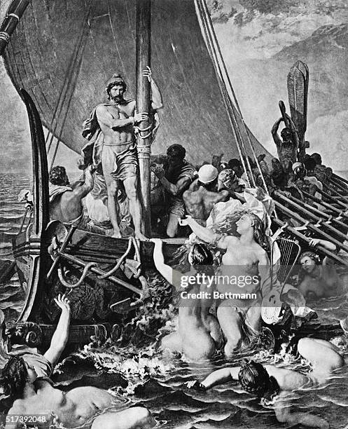 Illustration of a scene from "The Odyssey," an epic poem by Homer. Shown: Ulysses and The Sirens, from the painting by Leon-Auguste-Adolphe Belly....