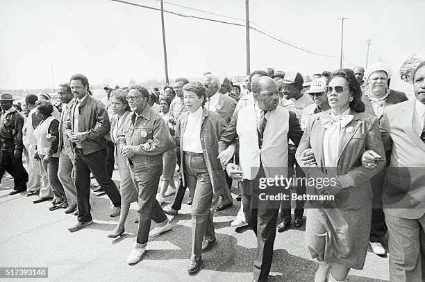 Montgomery, Alabama. Civil rights marchers kicked off the last leg of their 20th anniversary Selma to Montgomery voter rights march here 3/7 heading...