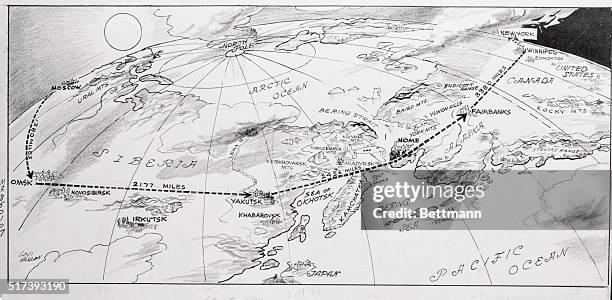This map drawn by Daily Mirror staff artist, shows the dangerous stretch of terrain covered by the Howard Hughes round-the-world flight on their hop...