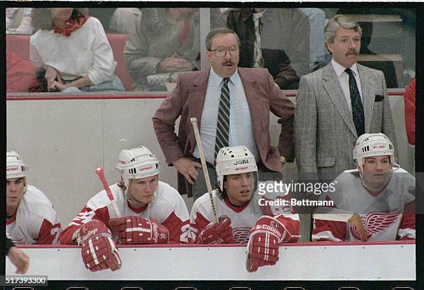 Detroit: The Detroit Red Wings' bad boys of hockey Bob Probert and Peter Klima sit on the bench during part of the 1st period of the Detroit-Chicago...