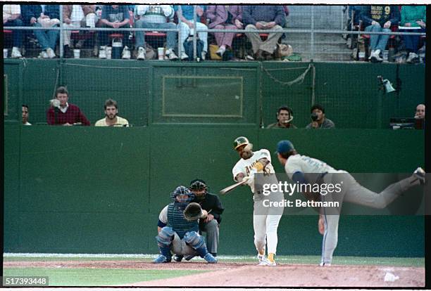 Oakland: A's Dave Henderson homers off Blue Jays Dave Stieb in the second inning of the ALCS opener.