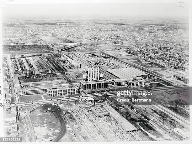 Ford Plant Vital Defense Key. Detroit, Michigan: A View of the vast Ford plant at Highland Park, one of the greatest single industrial units in the...