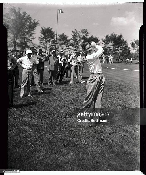 Byron Nelson, who won the National Open Golf Championship last year, is shown teeing off for a tune-up round at the Canterbury course in Cleveland in...