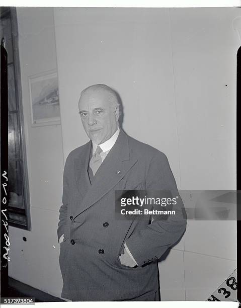 Sir Thomas Beecham, the famed composer and conductor of the London Symphony Orchestra, is pictured as he appeared on board the SS Rex upon arrival in...