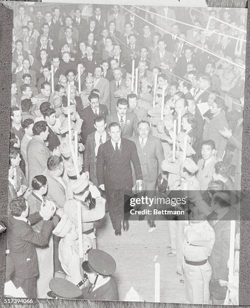 Mexico City, Mexico: As Mexican President Reviews Militia. President Avila Camacho of Mexico is pictured as he arrived at the arena to review troops...