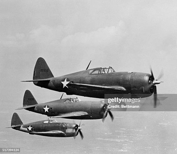 "Thunderbolts" for the U.S. Army. New York, New York: These planes going through their paces for the U.S. Army are the Republic P-47 "Thunderbolts."...