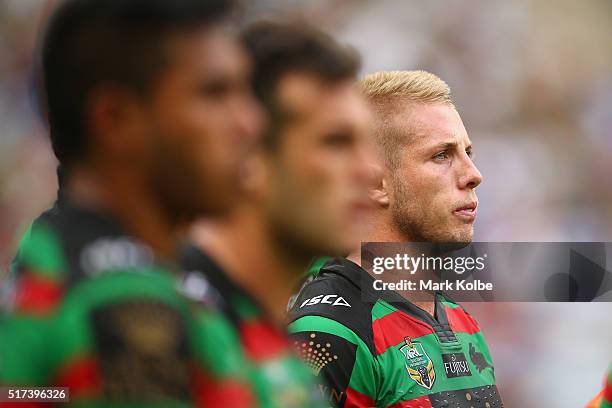 Aaron Gray of the Rabbitohs looks dejected after a try during the round four NRL match between the South Sydney Rabbitohs and the Canterbury Bulldogs...