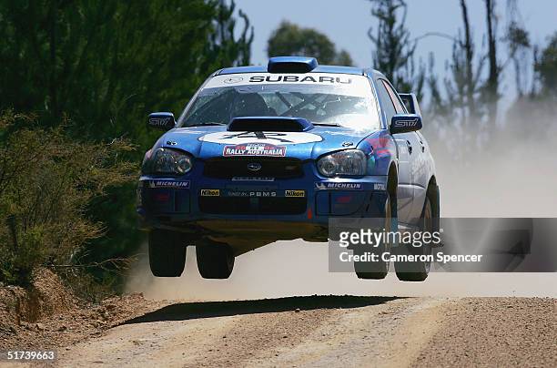 Chris Atkinson of Australia drives his Subaru Impreza WRX during Day three of the Telstra Rally Australia, round 16 of the WRC Championship at Kings...