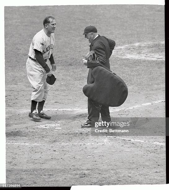 Manager Al Lopez of the Indians stamped his foot as he argued heatedly with umpire Bill Grieve, , on a decision in the third inning of the...