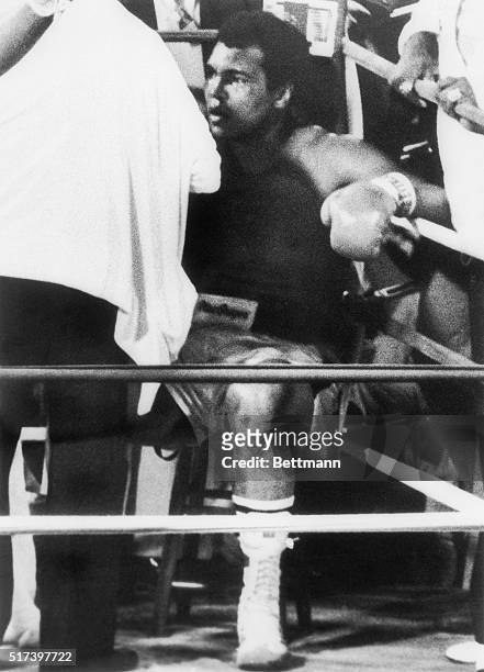 Muhammad Ali looks dazed in his corner, unable to come out for the 11th round. Ali lost out in his bid to take the heavyweight crown a fourth time...