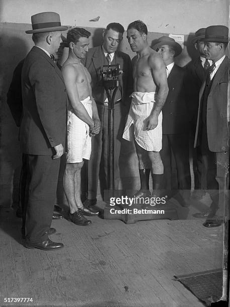 Johnny Dundee, veteran of over three hundred battles in the squared circle, and former featherweight champion, is pictured above being weighed in at...