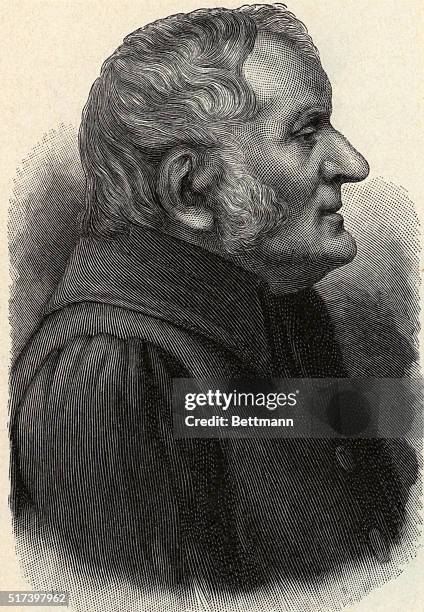 Engraved profile portrait of John Dalton , British chemist famous for his revival of atomic theory and his work with gases and color blindness ....