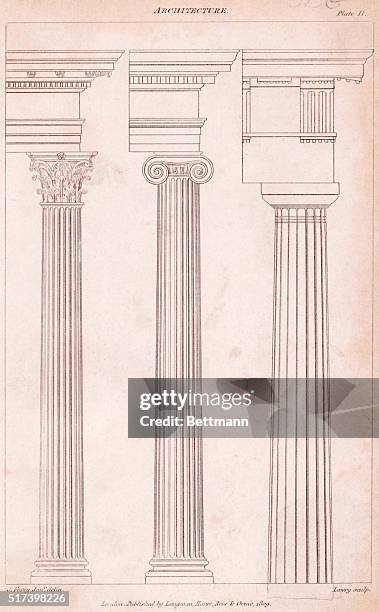 An illustration of three orders of Greek columns, Corinthian, Ionic and Doric. Undated illustration.