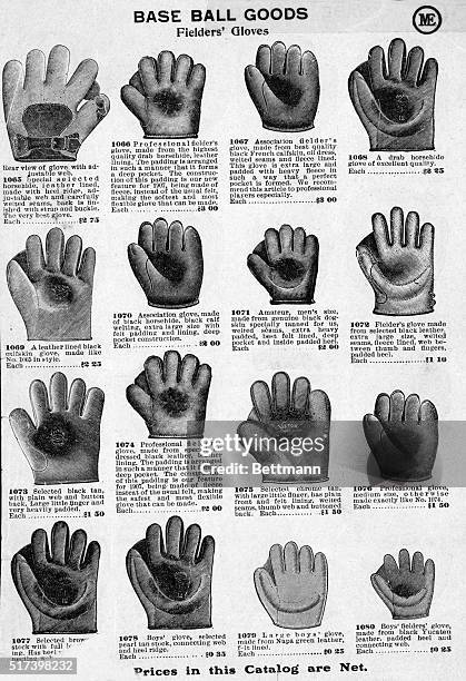 Sporting goods catalog page showing various types of baseball fielder's gloves. Includes descriptions and prices. Undated illustration.