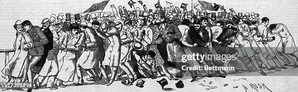 Cartoon depicting crowds pushing and shoving at the Yale-Princeton football game on New York's Polo Grounds, 1881. Undated illustration.