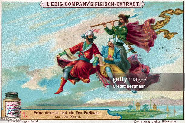 Scene from 1001 Arabian Nights showing Prince Ahmed riding on the flying carpet. Undated lithograph on publicity card for a German food product.