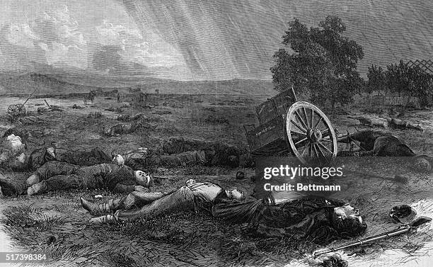 Illustration entitled "THE HARVEST OF DEATH," depicting the aftermath of the Battle of Gettysburg, July 4, 1863. Engraving from a photograph by A....