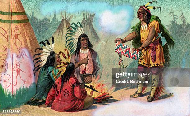 Indian showing a string of wampum to his friends. Lithograph. Undated.