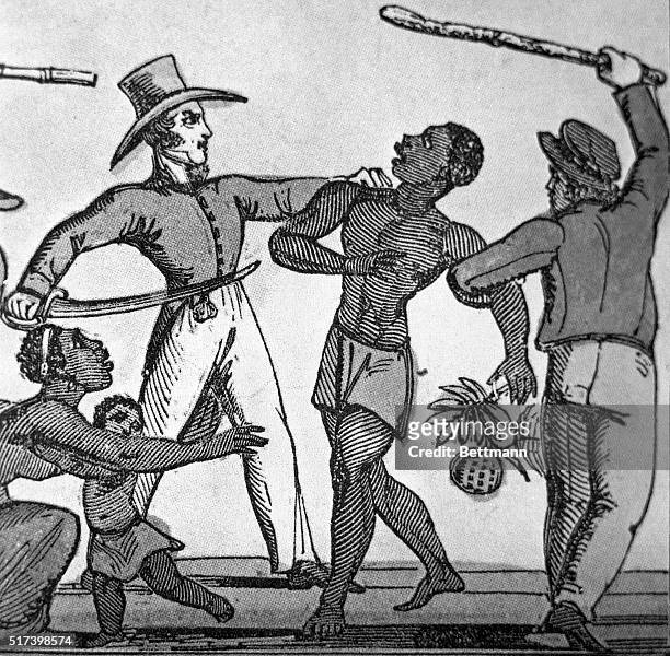 An illustration from an English children's book of West Indies slave traders cruelly beating up a slave and separating him from his family. Ca. 1830.