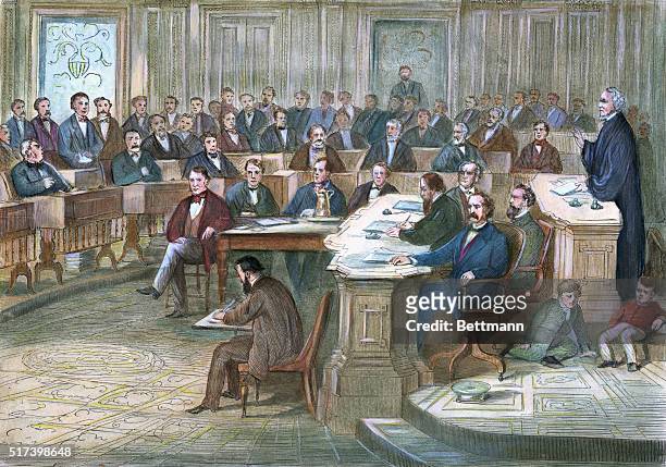 Engraving depicting a courtroom scene during the 1868 impeachment of Andrew Johnson. Undated hand-colored illustration.