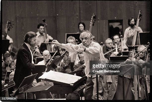 Leonard Bernstein conducts the New York Philharmonic 12/15 during rehearsal for N.Y. Premiere of his own and his latest work, "Songfest," six-part...
