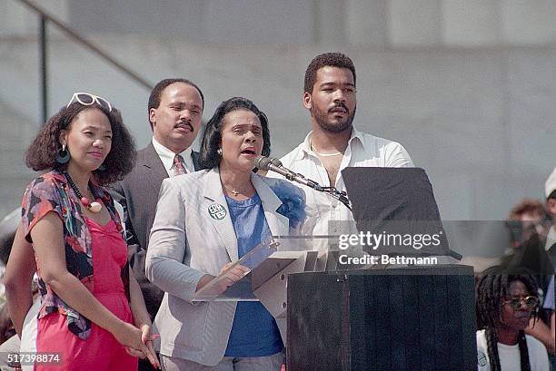 Washington, DC- Coretta Scott King addresses the 25th Anniversary March on Washington 8/27 before a crowd of 50,000. Mrs. King is surrounded by her...