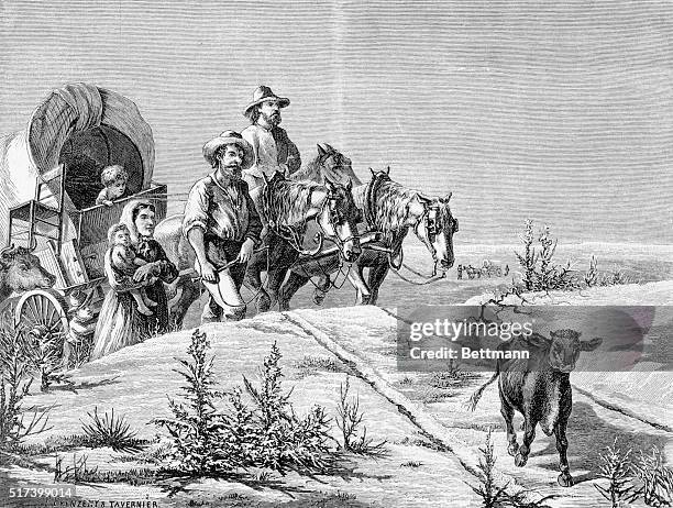 Sketches in the far west--westward expansion: Arkansas pilgrims crossing the plains by covered wagon. Tavernier engraving, undated.