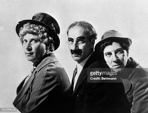 The Marx Brothers Harpo, Groucho and Chico in a publicity still from 1937.