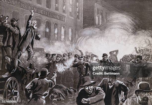 Chicago: The Anarchist Riot in Chicago. A dynamite bomb exploding among the police. Drawing by T. De Thulstrup after a painting by H. Jeanneret, 1886.