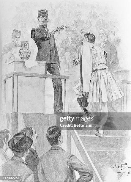 Olympic Games 1896-Athens-The King of Greece presenting an award to Spiridon Louis, winner of the Marathon. Drawing by A. Castaigne.