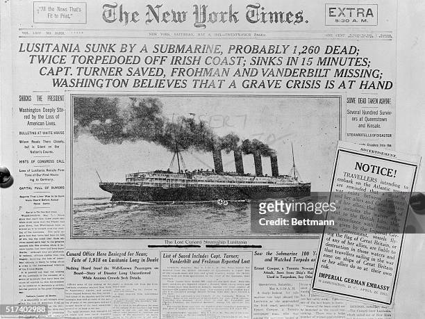 The front page of The New York Times after the sinking of the ocean liner Lusitania by a German submarine, along with a notice printed within from...