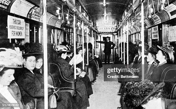 New York City Subway scene; interior of women's reserved car on I.R.T. Broadway line. 1903 photo.