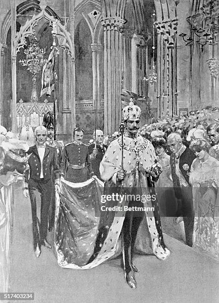 King Haakon VIII: of Norway in regal splendor after his coronation. Drawing 1906.