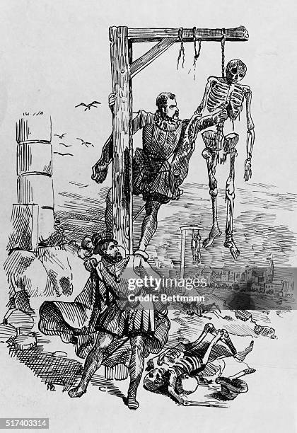 Belgium: Vesalius and friend Gemma stealing skeletons from gallows on outskirts of Louvain; they tore torsos apart to smuggle them piecemeal through...