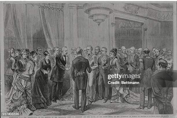 Presentation of the members of the diplomatic corps to President and Mrs. Hayes at the White House. Engraving.