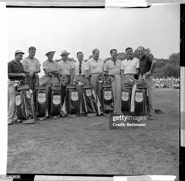 Members of the US Ryder Club Team Group with their captain before the challenge match at the Belmont Country Club, August 27. They are : Johnny...
