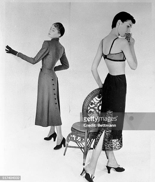 To preserve the pencil-slim line of dresses like the Monte-sano button-skirt creation at left, eyeful designs a slip that hugs the curves with nary a...