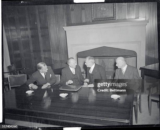 Agree On West German Peace. Bonn, Germany: the Big Three Foreign Ministers of Great Britain, France and the United States share a light moment with...