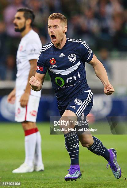 Oliver Bozanic of the Victory celebrates a goal during the round 25 A-League match between the Melbourne Victory and the Western Sydney Wanderers at...
