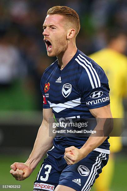 Oliver Bozanic of the Victory celebrates a goal during the round 25 A-League match between the Melbourne Victory and the Western Sydney Wanderers at...