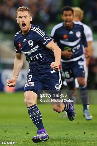 Oliver Bozanic of the Victory celebrates a goal during the round 25 A-League match between the Melbourne Victory and the Western Sydney Wanderers at...