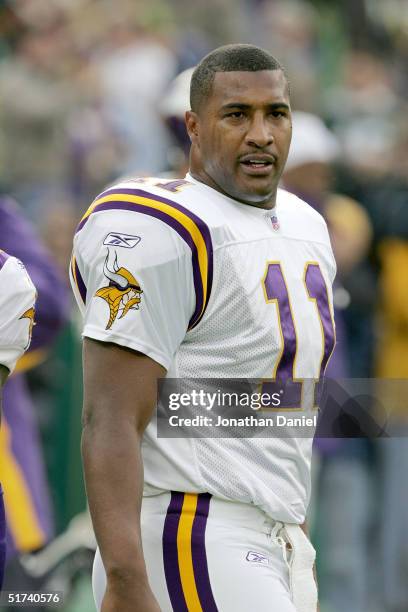 Daunte Culpepper of the Minnesota Vikings stands on the sidelines during a game against the Green Bay Packers at Lambeau Field on November 14, 2004...