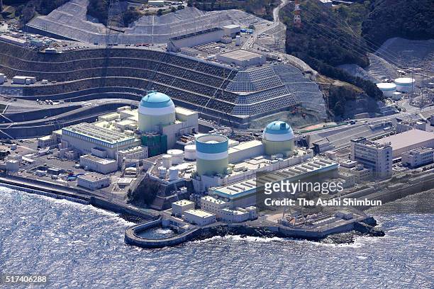 In this aerial image, the No. 1 reactor of Shikoku Electric Power Co.'s Ikata nuclear power plant is seen on March 25, 2016 in Ikata, Ehime, Japan....