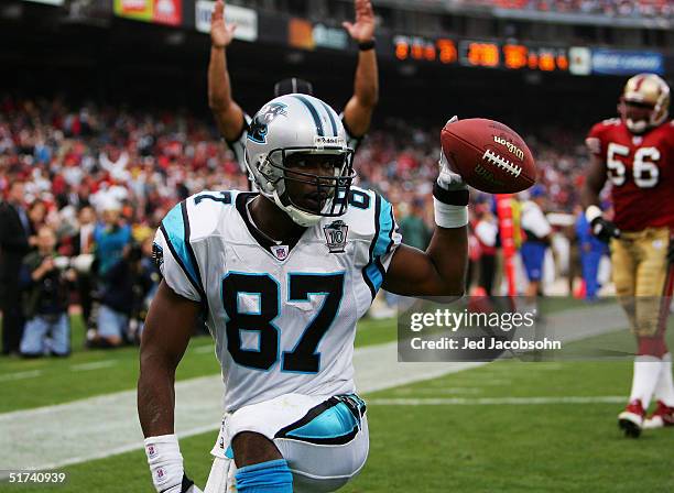 Muhsin Muhammad of the Carolina Panthers celebrates after catching a touchdown pass to make the score 37-27 against the San Francisco 49ers at...