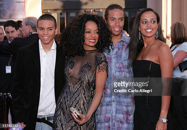 Singer Diana Ross poses with her children, daughter Chudney, sons Ross Arne and Evan Olaf at the 32nd Annual "American Music Awards" at the Shrine...