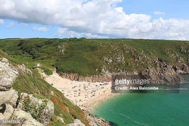 summertime at porthcurno beach - porthcurno bay stock pictures, royalty-free photos & images